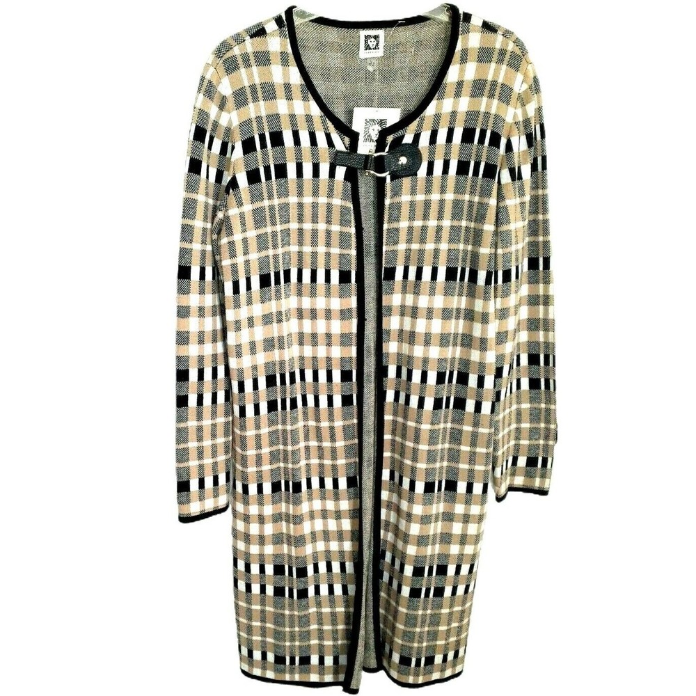 Women's Anne Klein Camel Plaid Collarless Long Cardigan Sweater Large MSRP $129
